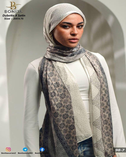 Navy Beige Dubetta x satin Scarf