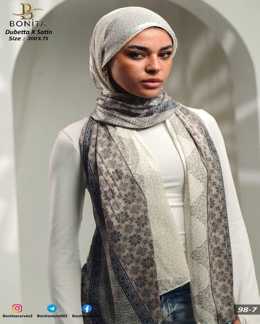 Navy Beige Dubetta x satin Scarf